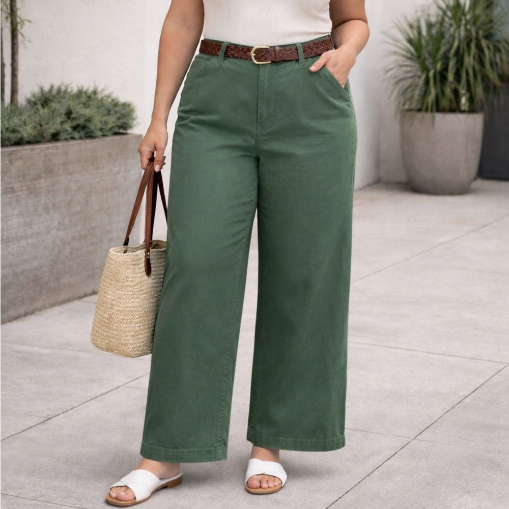 NEW Lands' End women's high rise, wide leg chino pants in green Sz 18 $79.95